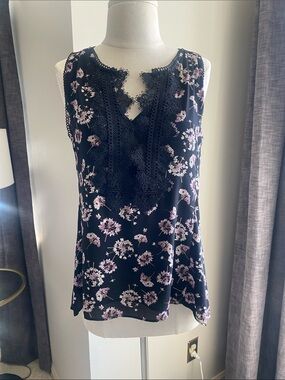 WHBM Sleeveless Black Floral Lace-Trim Tank Top - Black/Pink